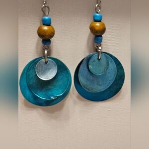Bohemian Blue Shell and Wood Dangle Earrings